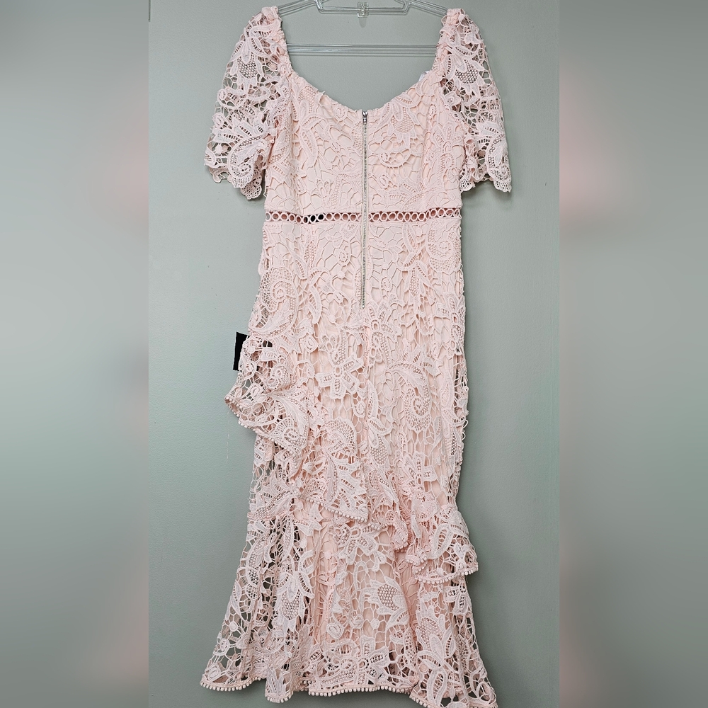 Lulus Briarwood Blush Pink Lace Short-Sleeve Trumpet Hem Ruffled Midi Dress - Picture 9 of 17